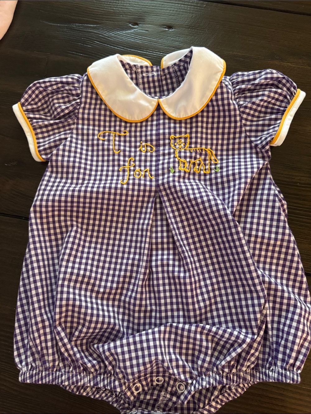 LSU Purple Gingham Baby Bubble Romper with Yellow Trim